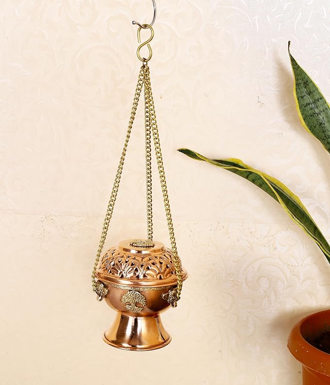 Indian Consigners Copper Altar Incense Charcoal Burner Holder with Chain (Tree of Life)