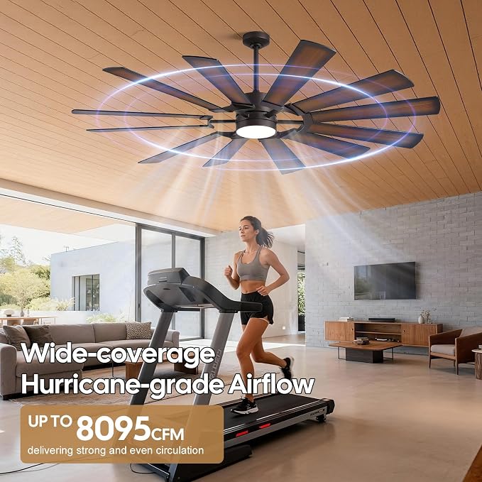 72 Inch Outdoor Wind Mill Ceiling Fan with Light, High 8095 CFM Damp Rated for Rustic Farmhouse Large Patios Bedroom Living Room,12 Walnut/Walnut Shadowed Reversible Blades Quiet DC Motor with Remote