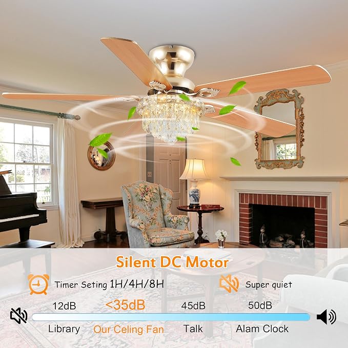 GJeg Crystal Ceiling Fan Fandelier with Lights-Ceiling Fans with Remote Control,Modern Ceiling Fan with Noiseless DC Reversible Motor,Dining Room,Living Room(52" Gold)