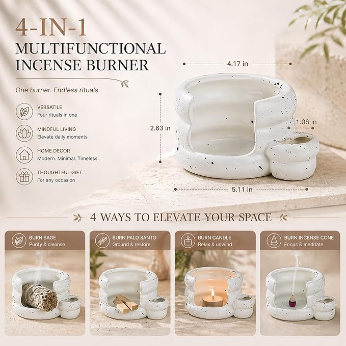 Ceramic Palo Santo Holder Burner, Handcrafted Incense Holder with Ash Catcher for Sage, Incense Cone, Smudge Stick Holder for Meditation, Yoga, Spiritual Cultivation Decoration & Gifts