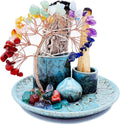 5 in 1 Incense Burner Holder with Crystal Healing Tree, Palo Santo Holder, Sage Holder, Incense Holder for Sticks/Cones/Candles, Ceramic Tray Ash Catcher for Burning Incense, Meditation Gift