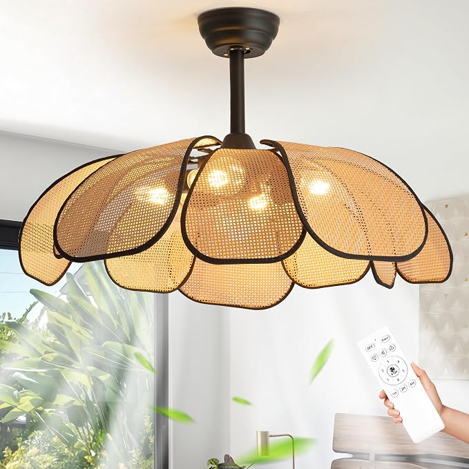26 Inch Fandelier Rattan Ceiling Fans with Lights and Remote,Boho Black Chandelier Ceiling Fan for Dining Living Room,Bedroom,Kitchen,4-Light