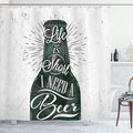 Ambesonne Manly Shower Curtain, Retro Lettering of Life is Short I Need a Beer Calligraphy Print Vintage Stripes, Cloth Fabric Bathroom Decor Set with Hooks, 69" W x 70" L, White Black