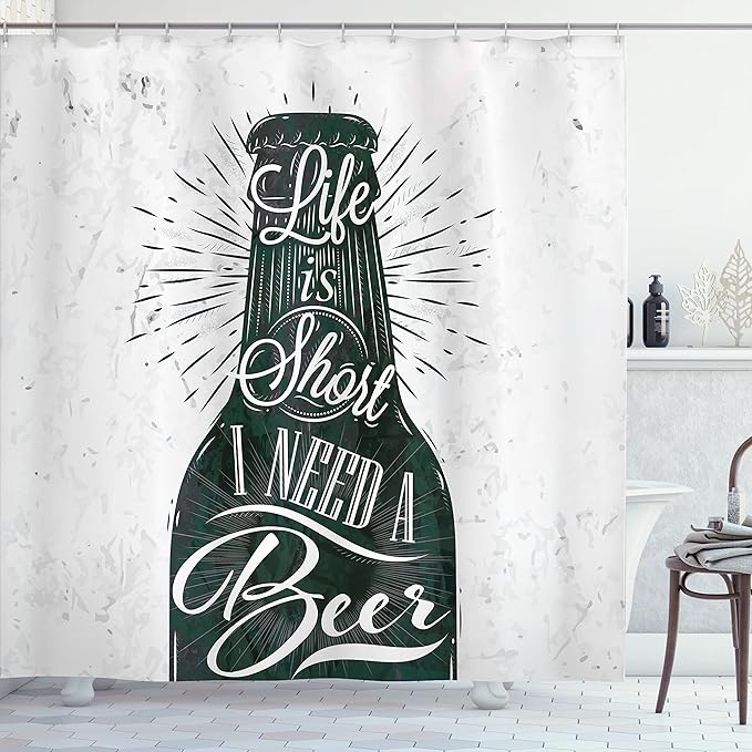 Ambesonne Manly Shower Curtain, Retro Lettering of Life is Short I Need a Beer Calligraphy Print Vintage Stripes, Cloth Fabric Bathroom Decor Set with Hooks, 69" W x 84" L, White Black
