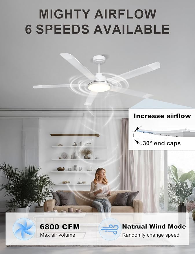 Ohniyou 60'' Industrial Ceiling Fan with Light for Patio, Porch, White | 6800 CFM Airflow, 35dB DC Motor, 5 Aluminum Blades, 3CCT Dimming, Remote/APP Control, Covered Outdoor Metal Fan