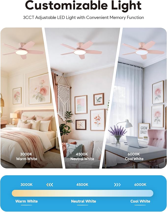 VONLUCE Ceiling Fans with Lights, 42 Inch Ceiling Fan and Remote, Full-Spectrum LED Light, 3CCT, 6-Speeds Noiseless Reversible DC Motor, Modern Ceiling Fan for Bedroom Living Room Farmhouse, Pink