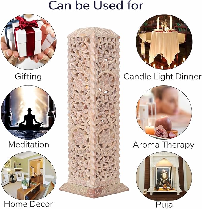 Carry Me Handmade Marble Soapstone Incense Stick Burner | Candle Stick Holder | Tea Light Stand - Floral Carving for Gifting. Decorative Incense Tower for Home and Office Decor. (3x3x11 Inches)