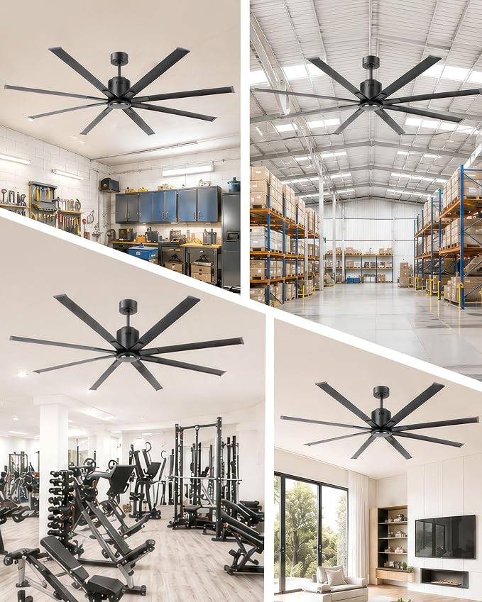 84 Inch Industrial HVLS Ceiling Fan No Light, Large High CFM Commercial Fan with 8 Aluminum Metal Blades, BLDC Motor Big Rooms Outdoor Fan Wihtout Lights for Porch Garage Shop Barn, Matte Black