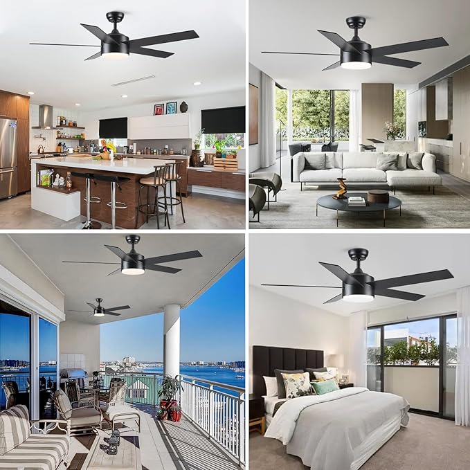 POCHFAN 52 inch Black Ceiling Fans with Lights and Remote Control, Noiseless Modern Ceiling Fan for Bedroom, Living Room, Dining Room, Dimmable 3CCT 6-Speed ETL Listed