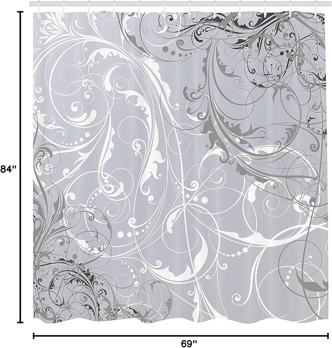 Ambesonne Floral Shower Curtain, Baroque Swirl Branches Curved Flower Leaves Shabby Form Nature Pattern, Cloth Fabric Bathroom Decor Set with Hooks, 69" W x 84" L, Pearl White