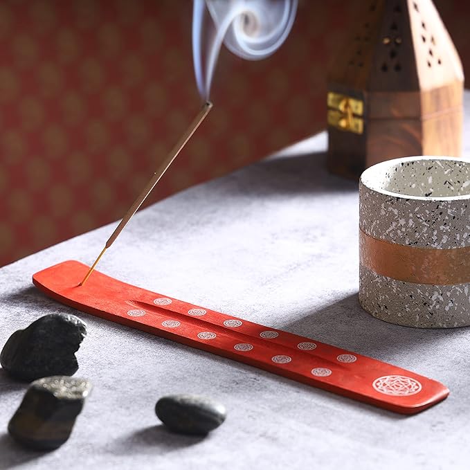 Bless-International Traditional-Handmade-Burner Wooden-Incense-Stick-Holder Ash-Catcher-Stand for-Aromatherapy-Meditation-Yoga (Fire Red) 10 Inches, Pack of 2