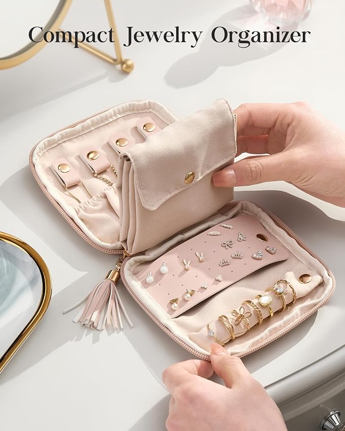 Lolalet Travel Jewelry Case Organizer, Soft Jewellery Pouch -Apricotpink | Storage Bag for Traveling Women, with Multi Compartments for Packing Necklaces, Earrings, Bracelets