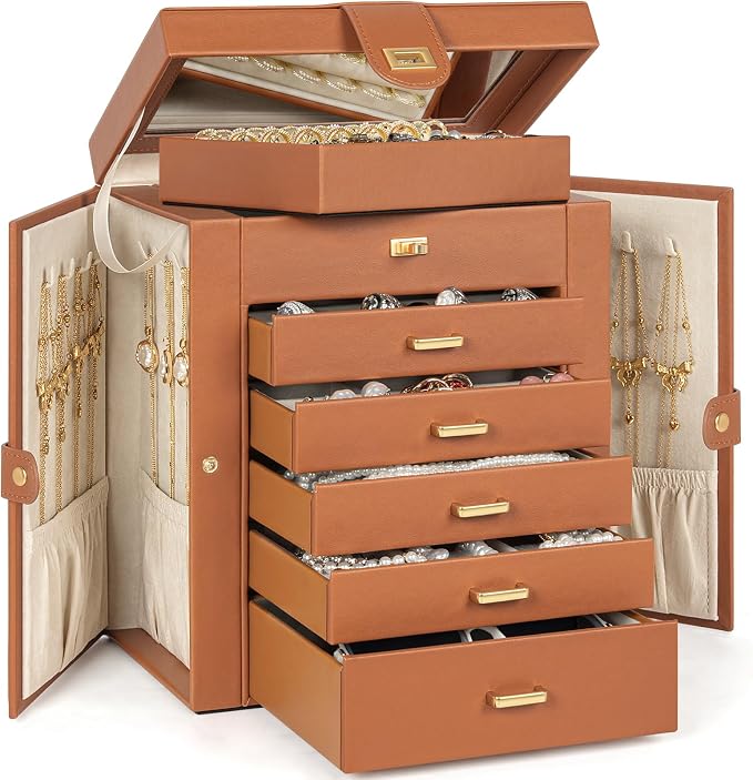 AKOZLIN 6-Tier Jewelry Box Organizer Functional 5 Drawers Leather Jewelry Storage Case for Women Girls Ring Necklace Earring Bracelet Holder Organizer with Mirror Medium Dark Orange