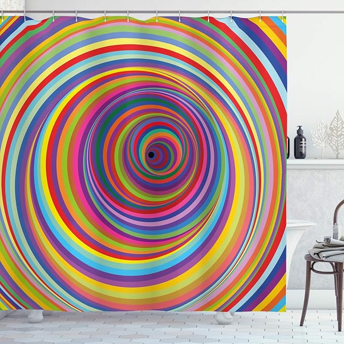 Ambesonne Rainbow Colored Vortex Shower Curtain, Hypnotic Effect Optical Illusion Psychedelic Design Print, Cloth Fabric Bathroom Decor Set With Hooks, 69" W x 84" L