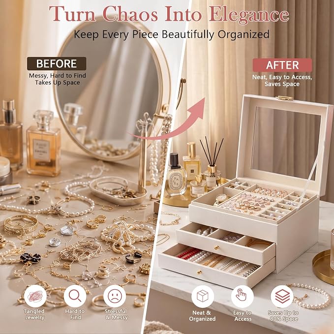 Jewelry Box - 3 Layer Jewelry Organizers and Storage with Clear Lid & 2 Drawers,Jewelry Boxes for Women, Watch Necklace Ring Earring Storage Gift Case, Cloud White | Jewelry Boxes For Women – Velvet Lining, Tangle-Free Storage – Watch, Bracelet, Ring, ...