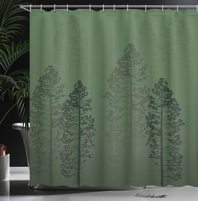 Ambesonne Country Shower Curtain, Pine Trees in The Forest on Foggy Seem Ombre Backdrop Wildlife Adventure Artwork, Cloth Fabric Bathroom Decor Set with Hooks, 69" W x 75" L, Forest Green