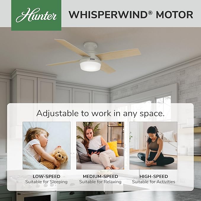 Hunter 52 inch Indoor Ceiling Fan with LED Light and Remote Control - White Modern Ceiling Fan, Low Profile Mount, 4 Blades, For Bedroom, Living Room, or Kitchen, Quiet - Dempsey 59242, Fresh White | with LED Light and Remote Control, Low Profile Mount...