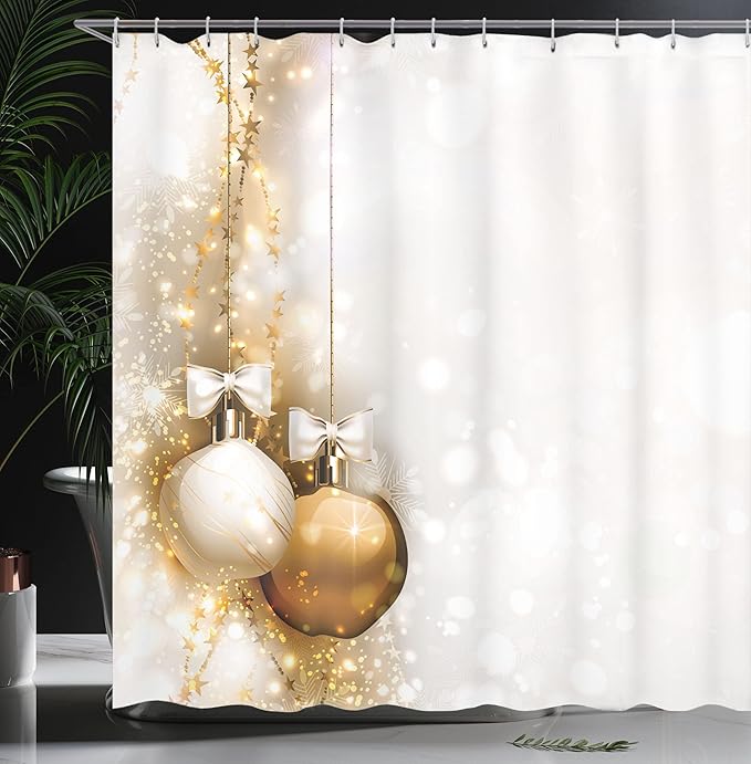 Ambesonne Christmas Shower Curtain, Featured Xmas Baubles with Ribbon Holiday Wish Artwork Image Illustration, Cloth Fabric Bathroom Decor Set with Hooks, 69" W x 70" L, White and Beige