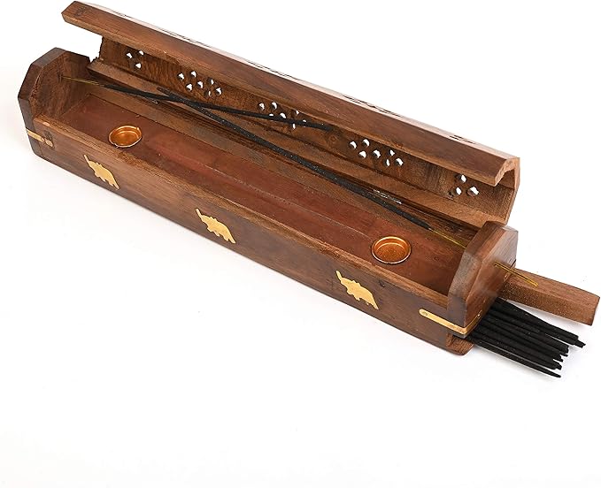 Incense Garden Pack of 2 Incense Stick Holder - Coffin Style - Wood Incense Stick Burner with Elephant Inlays (Natural) Handmade with Brass Inlays