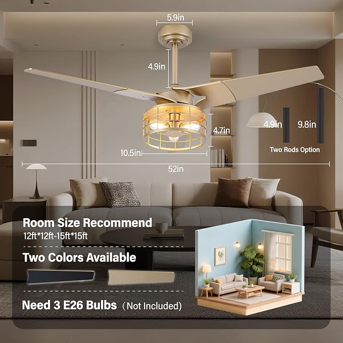 Chandelier Ceiling Fans With Lights And Remote,Caged Ceiling Fan With Light,App 3 Blades E26 Fandelier Ceiling Fans With Lights,Crystal Ceiling Fan For Bedroom,Living Room. (Gold, 52 In'ch)