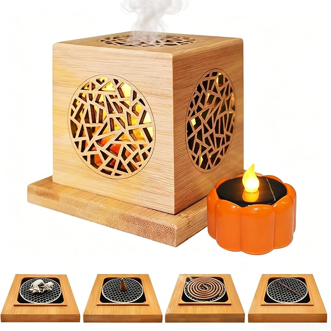 Bamboo Lantern Incense Holder 5-in-1 Incense Burner with Solar LED Candle Natural Bamboo Incense Box for Stick Cone Coil Sage Waterproof Outdoor Lantern for Yoga Meditation Home Decor
