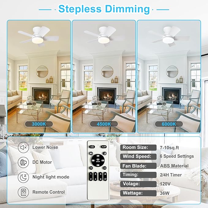 Depuley Modern Ceiling Fan with Light: 25-Inch White Small Fans for Bedroom Indoor Outdoor - Dimmable Low Profile Ceiling Fans with Remote Control Flush Mount 5 Reversible White Blades 6 Speeds Timer