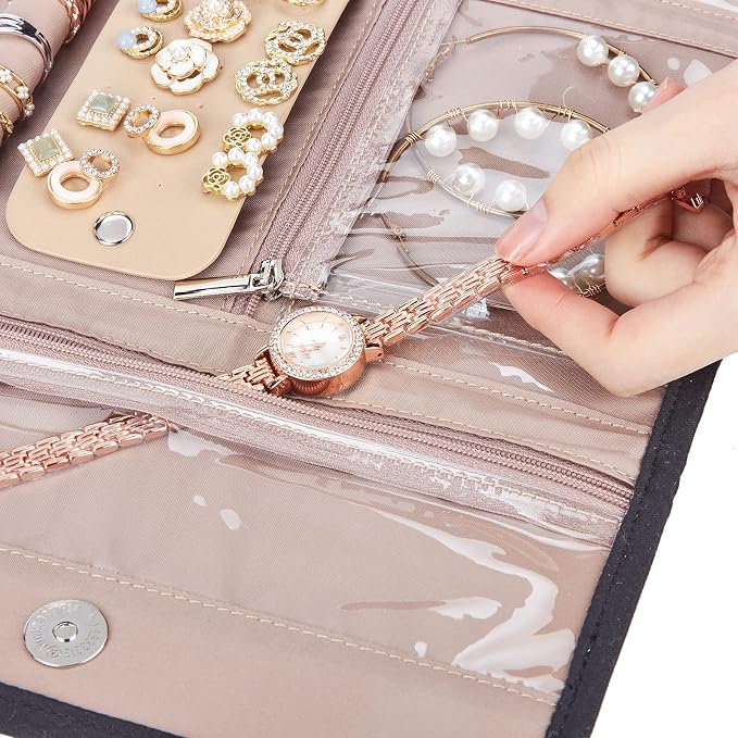 BELALIFE Travel Jewelry Case, Jewelry Organizer Roll for Accessories | Bag with foldable roll design for earrings, necklaces, rings, bracelets and brooches,Black