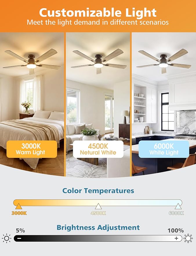 VOLISUN 52 Inch Ceiling Fan with Lights Flush Mount, Low Profile Ceiling Fans with Lights, Remote&APP Control,Dimmable 22W LED Light,Queit&Reversible Fan, Brown Ceilings Fans for Bedroom, Living Room