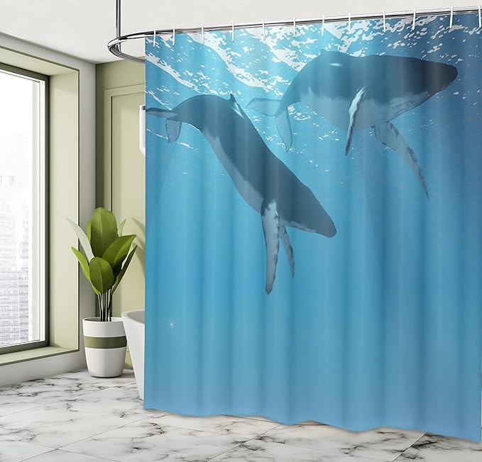 Ambesonne Ocean Shower Curtain, 2 Humpback Whales Swimming Near The Ocean Surface in The Rays from The Sun Image, Cloth Fabric Bathroom Decor Set with Hooks, 69" W x 70" L, Pale Blue