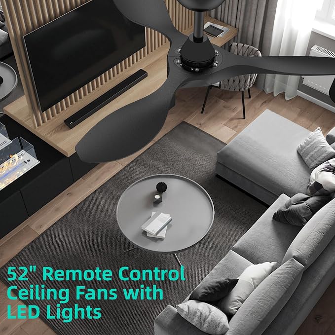 Roomratv 42 Inch BLack Ceiling Fans with Lights, Remote Control,Reversible DC Motor,Dimmable,6 Speeds,Ultra Quiet,3 Blade Ceiling Fans for Bedroom,Living Room,Indoor Outdoor Patio