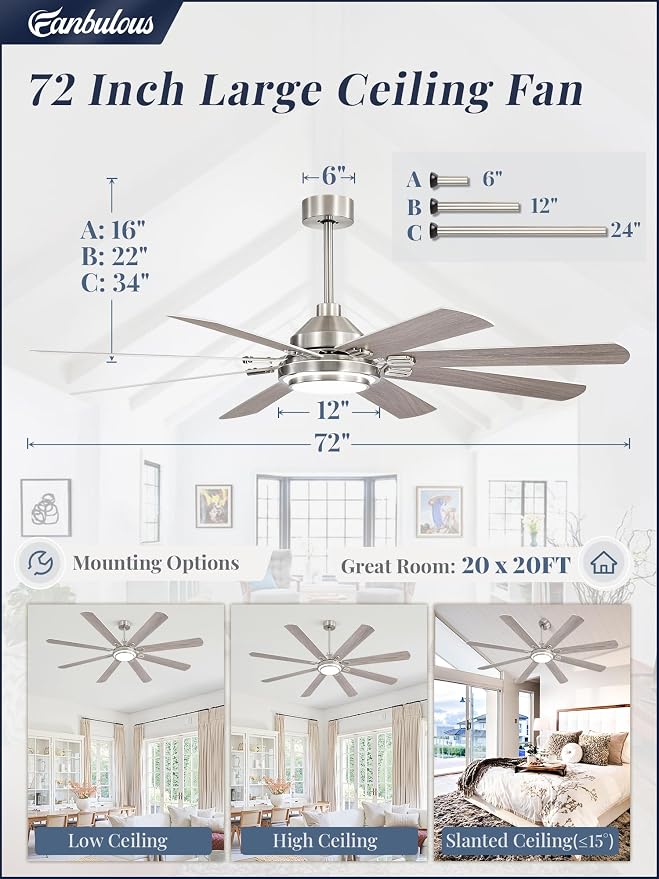 Fanbulous 72 Inch Ceiling Fans with Lights and Remote, Brushed Nickel Ceiling Fan with 8 Dual-Color Blades, Indoor/Outdoor Large Ceiling Fans, Reversible DC Motor, 6-Speed, 3CCT for Living Porch Patio