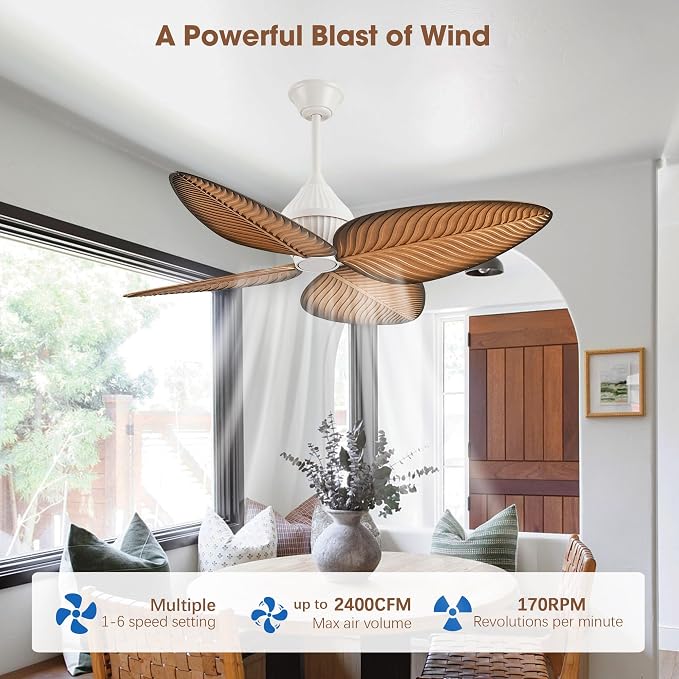 52"White Tropical Ceiling Fans, Flush Mount Palm Leaf Ceiling Fan no Light, Indoor Ceiling Fans without Light for Living Room Bedroom Kitchen Covered Gazebo, APP and Remote Control-Light Wood Grain