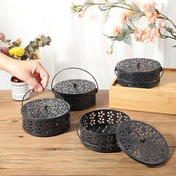 4 Pcs Mosquito Coil Holder Incense Coil Holder, Retro Iron Portable Hanging Outdoor Incense Burner Holder with Handle Round Metal Incense Holder for Home Camping Indoor Outdoor Patio (Black)