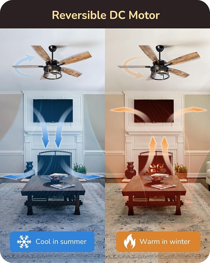 EDISHINE 52" Farmhouse Ceiling Fans with Lights and Remote, 10%-100% Dimmable, 5 Wooden Blades Lighting & Ceiling Fans with Timer, 6 Speeds Reversible DC Motor for Living Room Bedroom, Burnt Wood