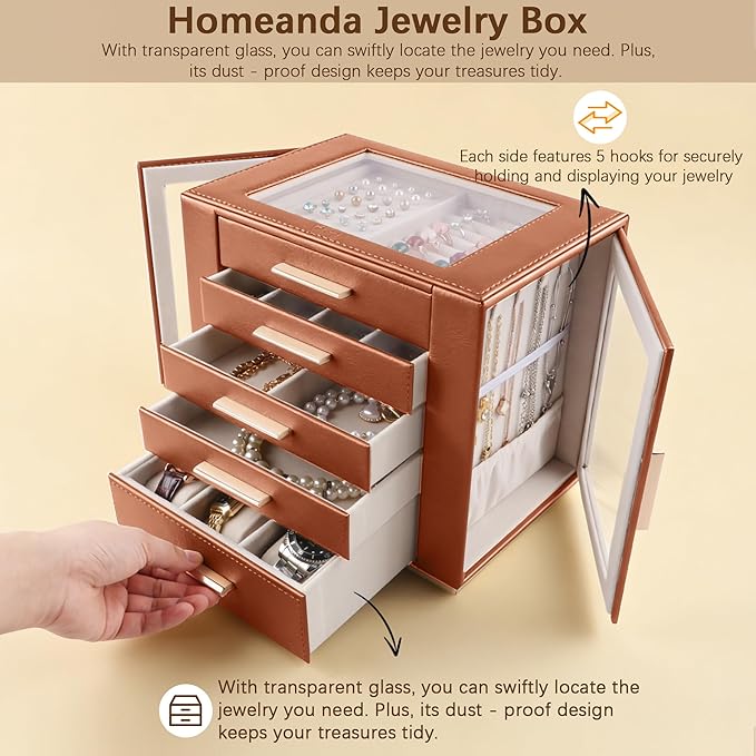 Homeanda Jewelry Box for Women with Glass Lid, 5 Drawers Jewelry Organizer and Storage for Necklaces, Rings, Earrings, Bracelets, Gift for Girls and Teens,PU Leather (Brown)