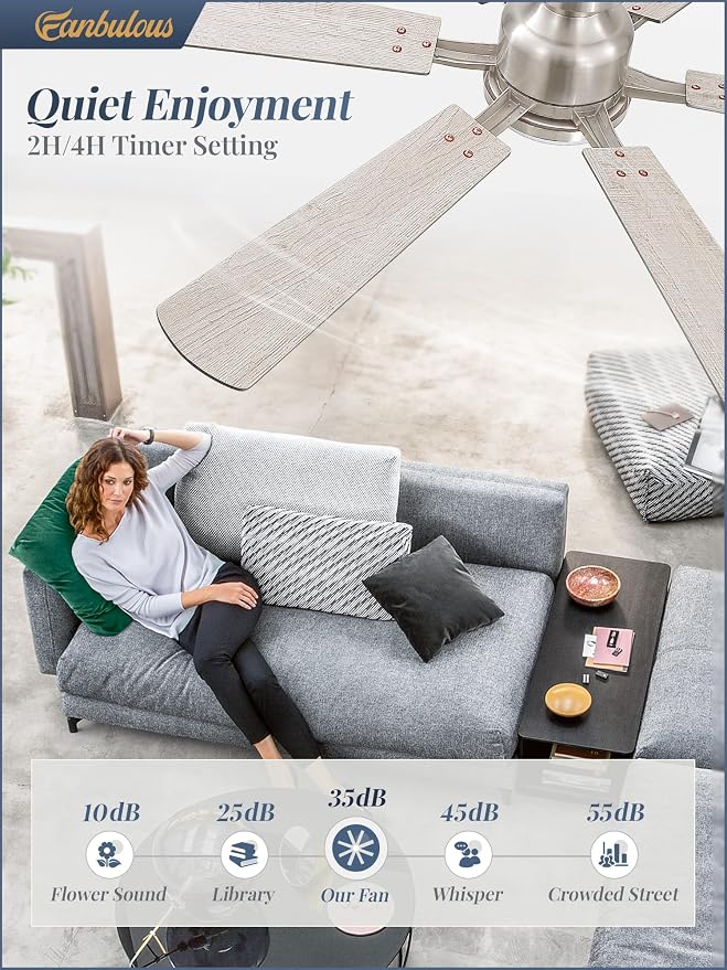 Fanbulous 52 Inch Ceiling Fan with Lights, APP & Remote Control, Flush Mount Low Profile Brushed Nickel Ceiling Fan, 3000-6000K Dimmable LED, Quiet Reversible Motor, 6 Speeds, for Bedroom Living Room
