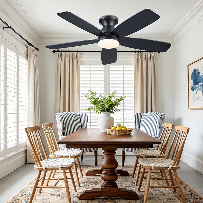 JSAITEE 48" Ceiling Fans with Lights Low Profile - Flush Mount Ceiling Fan with Light and Remote, 6 Wind Speeds Reversible, 3CCT Dimmable, Black Fan Light for Modern Indoor, Bedroom, Kitchen