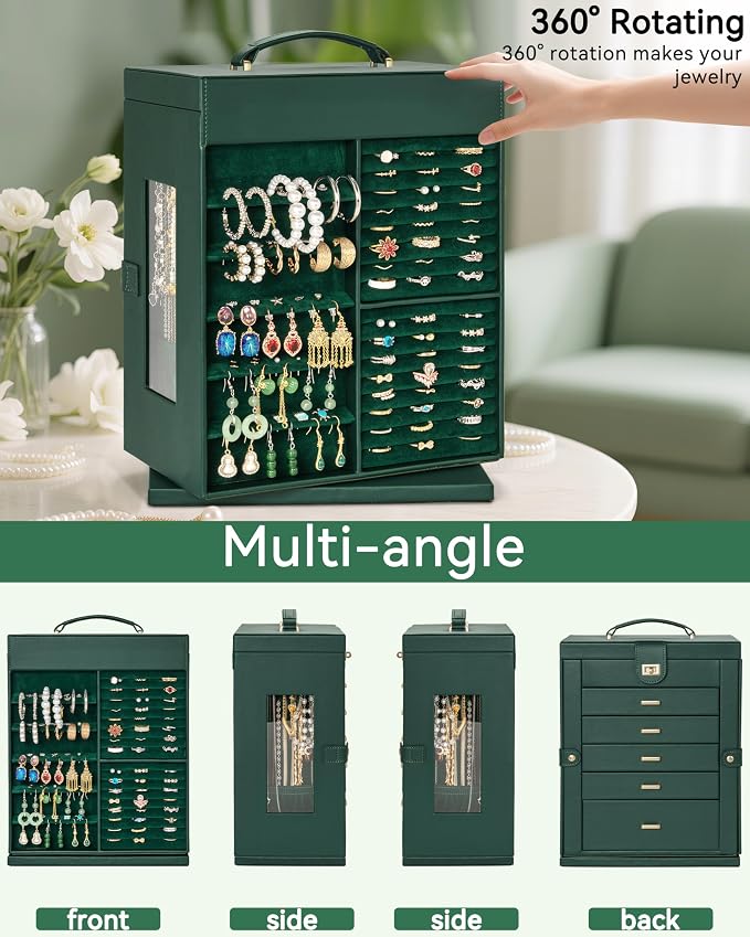 AKOZLIN 6-Tier Jewelry Box Organizer Functional 5 Drawers Leather Jewelry Storage Case for Women Girls Ring Necklace Earring Bracelet Holder Organizer with Mirror XL Green 360° Rotating