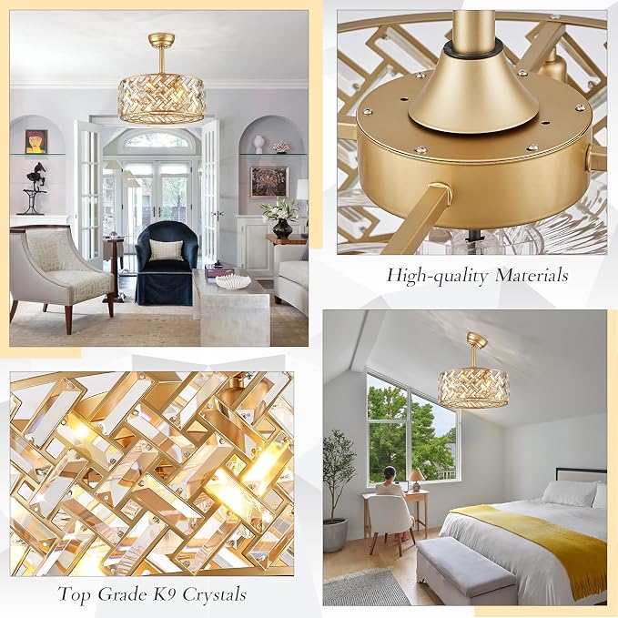 CATINER Gold Crystal Caged Ceiling Fans with Light, 18" Bladeless Ceiling Fan with Remote Control, 6 Speed Enclosed Ceiling Fan with Reversible Motor for Bedroom Kitchen Living Room