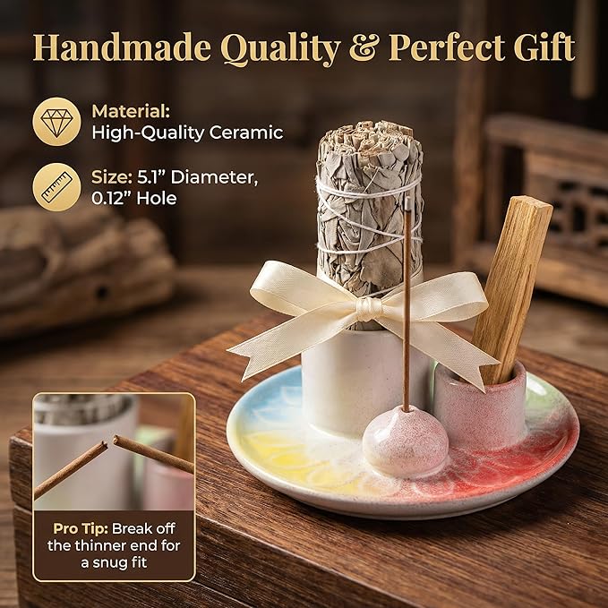 Palo Santo Sticks Holder, Multi-Purpose Handmade Ceramic Incense Burner for Palo Santo Incense Sticks, Sage Holder for Burning, Ash Catcher Tray for Meditation Yoga Room-4 Mixed Colors