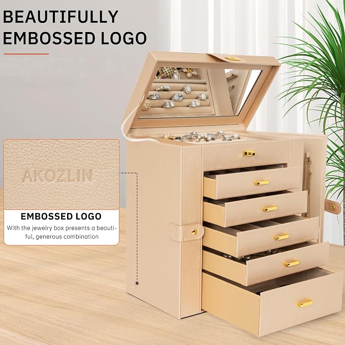 AKOZLIN 6-Tier Jewelry Box Organizer Functional 5 Drawers Leather Jewelry Storage Case for Women Girls Ring Necklace Earring Bracelet Holder Organizer with Mirror Extra Large Champagne