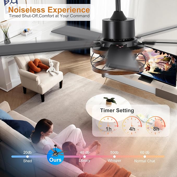 Qcyuui Farmhouse Ceiling Fan with Light 52 Inch Ceiling Fan with Light, Quiet 6-Speed Reversible DC Motor, Dual Finish 5 Blades, Rustic Caged Fandelier Ceiling Fan with Light for Living Room