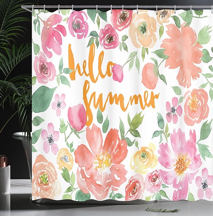 Ambesonne Summer Shower Curtain, Flower Rose Wreath Classic Frame Border with Hello Summer Note Congratulation Event, Cloth Fabric Bathroom Decor Set with Hooks, 69" W x 75" L, Pink Coral