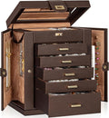 AKOZLIN 6-Tier Jewelry Box Organizer Functional 5 Drawers Leather Jewelry Storage Case for Women Girls Ring Necklace Earring Bracelet Holder Organizer with Mirror Brown 360° Rotating