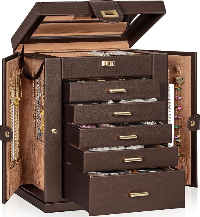 AKOZLIN 6-Tier Jewelry Box Organizer Functional 5 Drawers Leather Jewelry Storage Case for Women Girls Ring Necklace Earring Bracelet Holder Organizer with Mirror Brown 360° Rotating