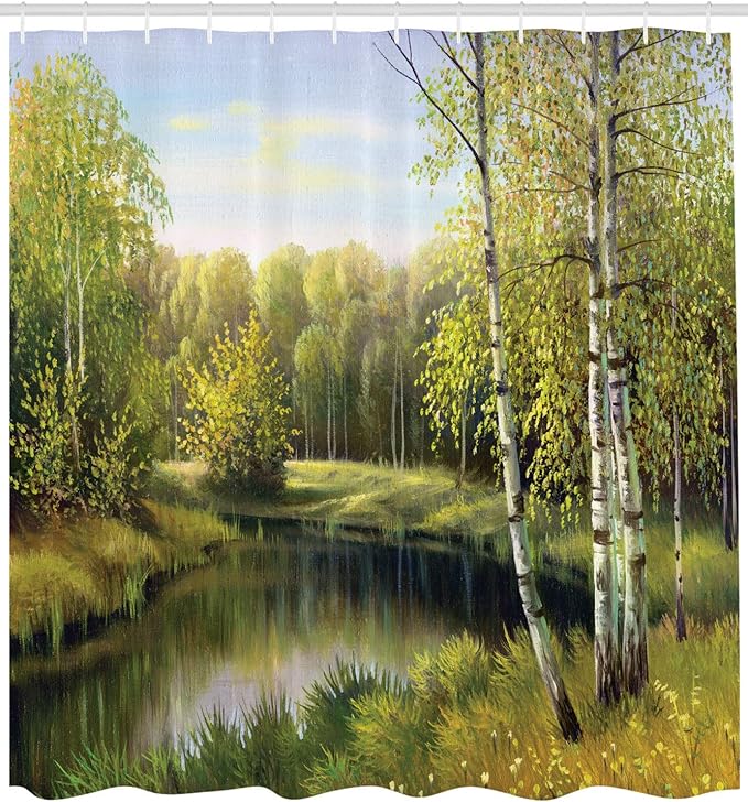Ambesonne Forest Shower Curtain, Birch Tree Forest in Autumn Leafless Branches Calm River Oil Paint Effect, Cloth Fabric Bathroom Decor Set with Hooks, 69" W x 75" L, Aqua Green