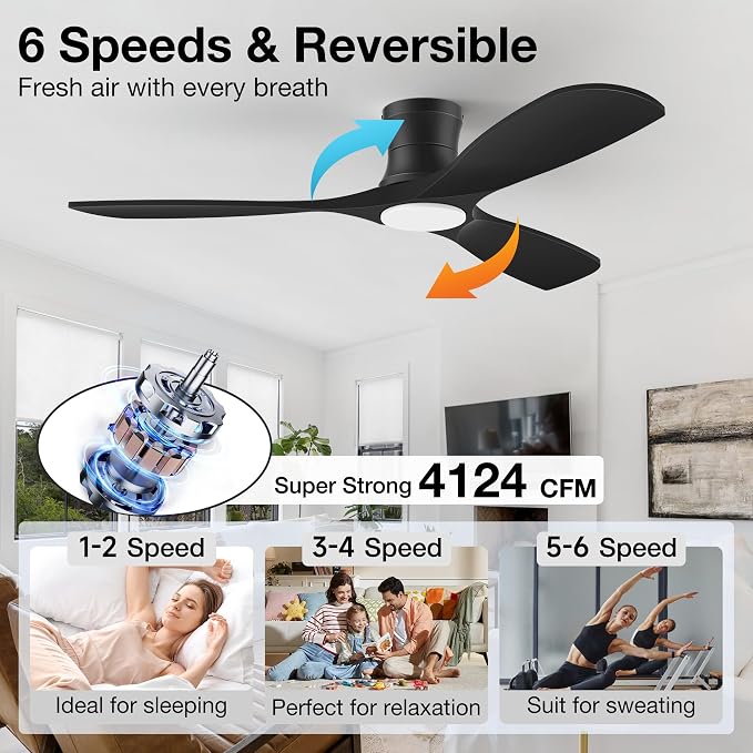 52” Smart Low Profile Ceiling Fans with Lights Remote,Wood Flush Mount Modern Ceiling Fan for Bedroom Living Room Patio,WIFI Alexa App Control,Outdoor Indoor Use,Matte Black,Ultra-Quiet,Dimmable LED