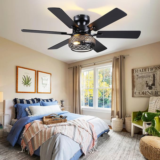 Hounberi 48 Inch Ceiling Fans with Lights and Remote Control, Flush Mount Industrial Black Ceiling Fan, Dual Finish 6 Blades, Reversible DC Motor, Rustic Caged Ceiling Fans for Living Room Bedroom
