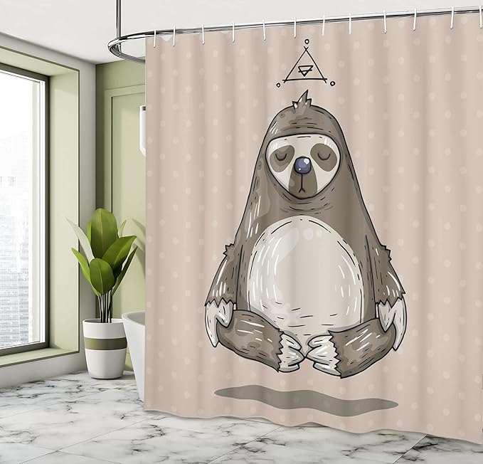 Ambesonne Sloth Shower Curtain, Cartoon Sloth Meditates Lotus Position Relax Lifestyle Comic Inspirational, Cloth Fabric Bathroom Decor Set with Hooks, 69" W x 70" L, Warm Taupe Sage Green