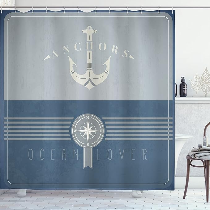 Ambesonne Nautical Shower Curtain, Vintage Marine Design for Ocean Lovers Anchor Compass and Stripes, Cloth Fabric Bathroom Decor Set with Hooks, 69" W x 70" L, Blue Grey